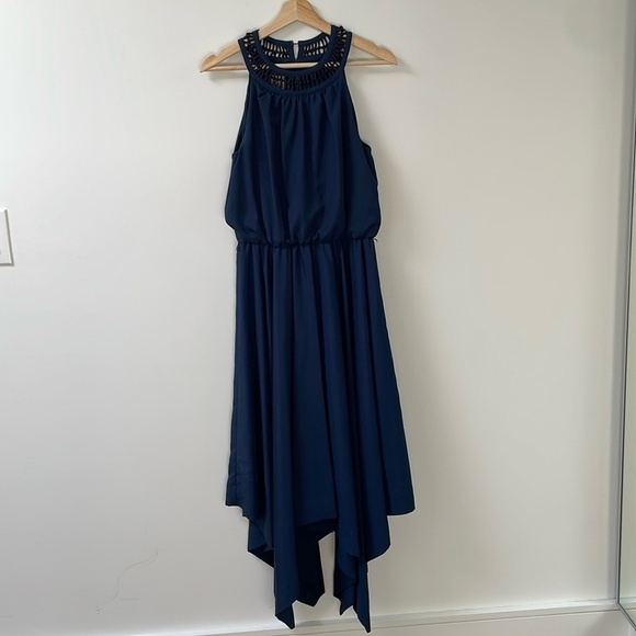 Anne Klein Asymmetrical Maxi Halter sleeveless Dress, navy blue size 6 - Picture 1 of 14